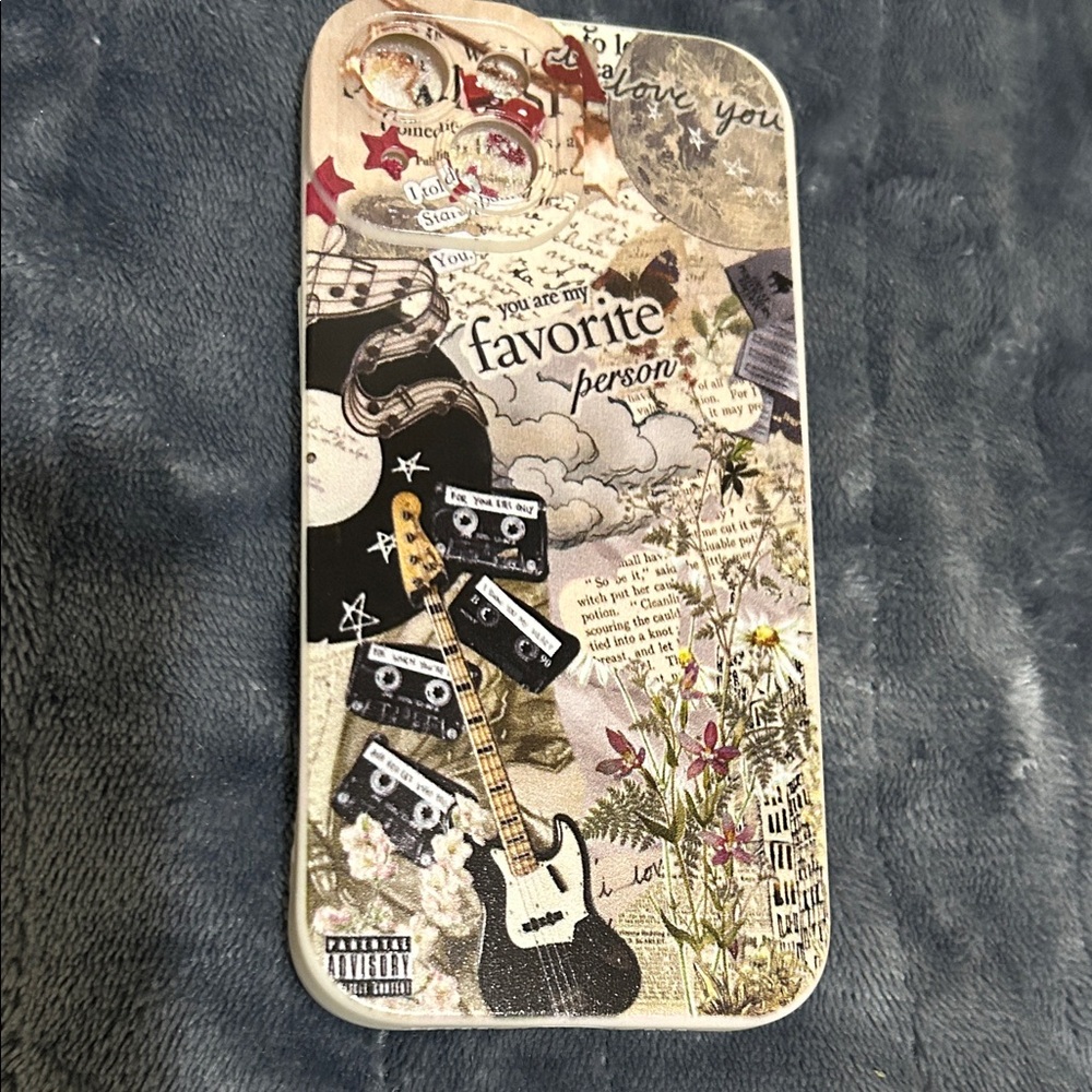 iPhone 15 Decorative Beige Floral & Guitar Phone Case